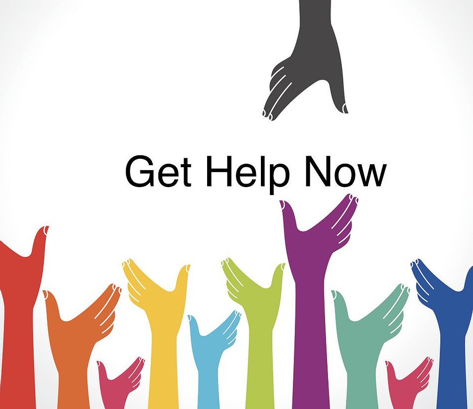Colorful hands reaching out to phrase "Get Help Now"