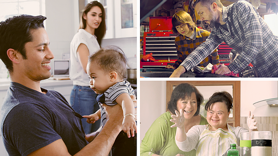 Various images of parents caring for their children