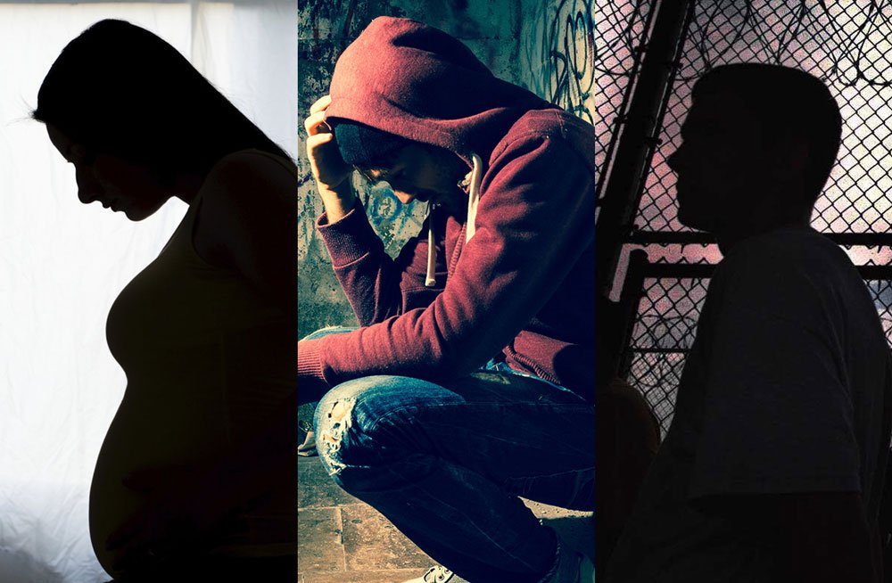 former foster youth pregnancy, homelessness, prison statistics silhouettes of pregnant woman, hopeless teen in a hoodie, man behind prison fence