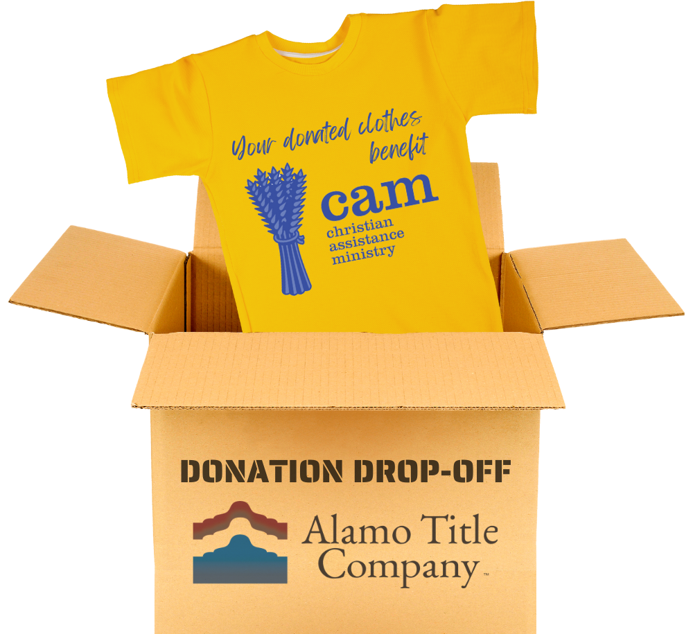 open cardboard box with "donation drop-off" and Alamo Title logo on it with yellow t-shirt that says your donation benefits CAM